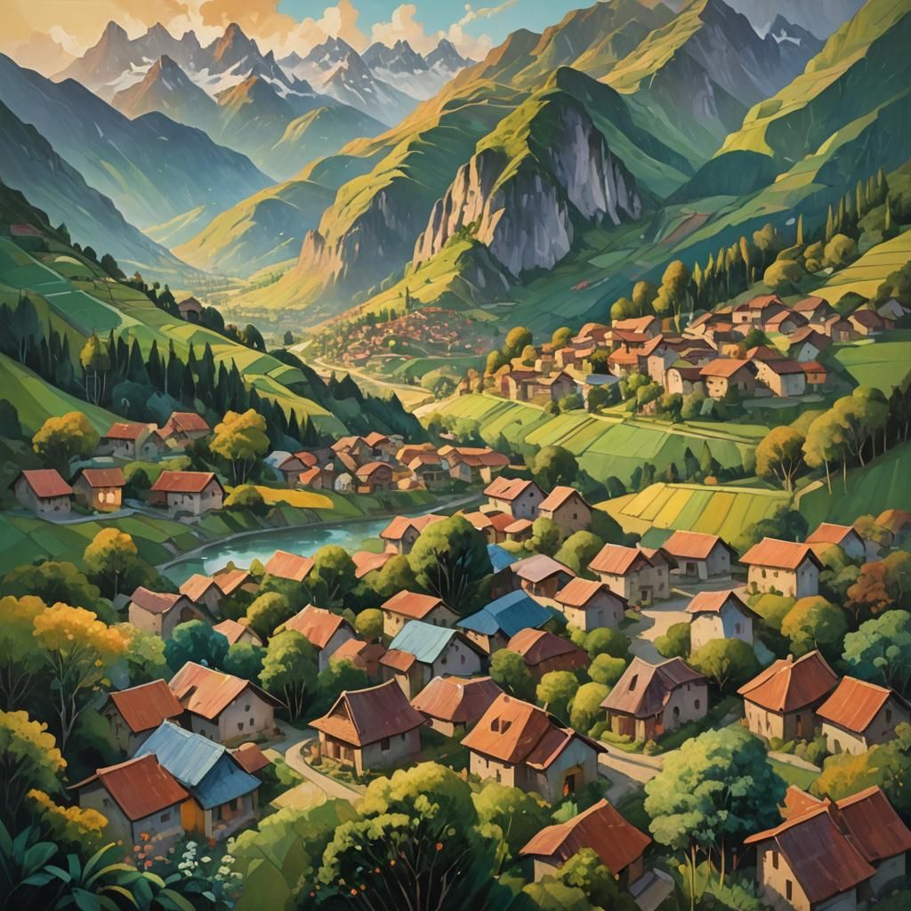 Mountain Village Oil Painting in Artstation Style