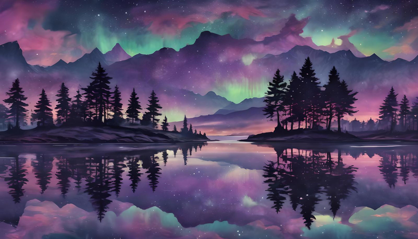 Purple Aurora Over Lake at Night in Watercolor Style