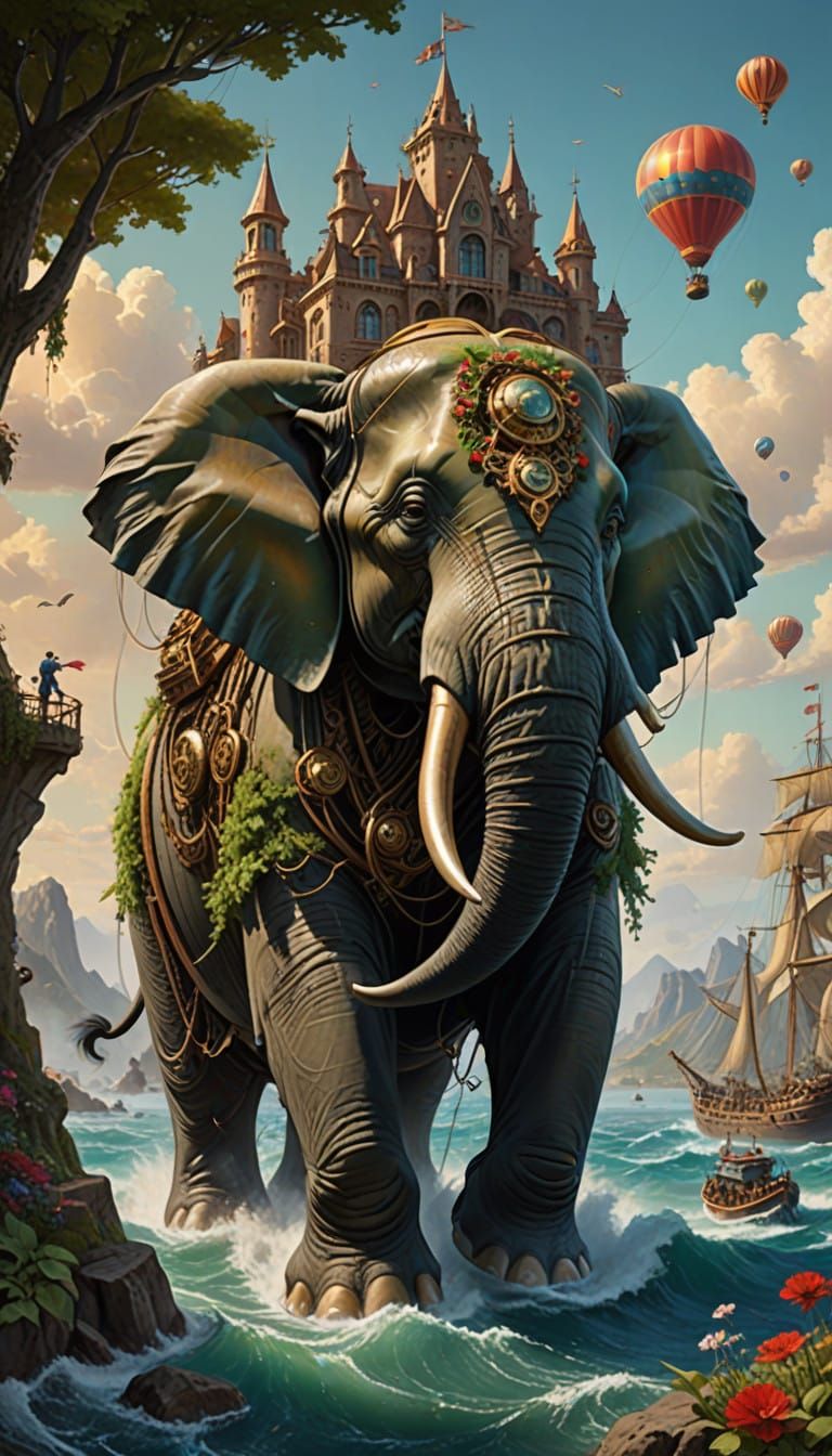 Surreal Steampunk Elephant Majestically Walks Through Serene...