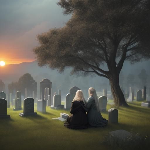 Girls Praying at Graveside in Golden Sunset Light