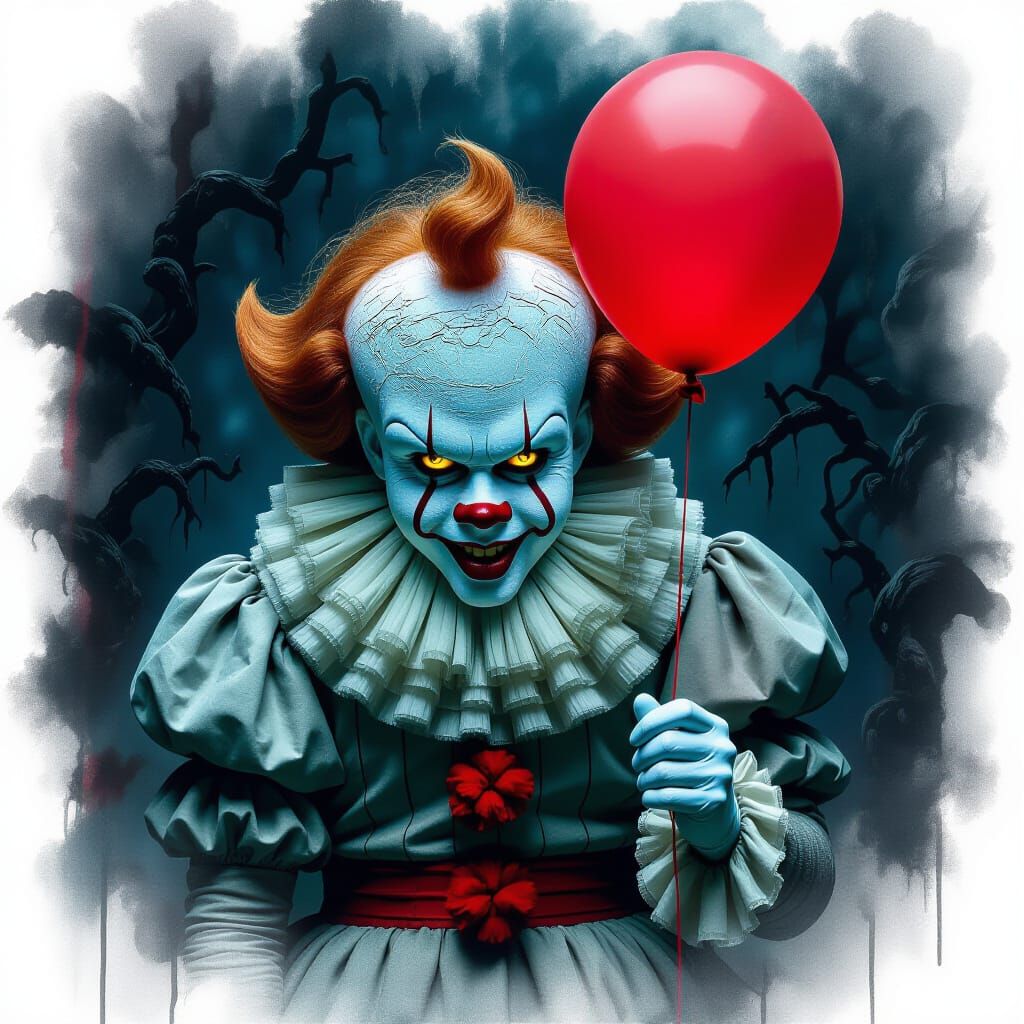 Terrifying Pennywise Clown with Blood-Red Balloon