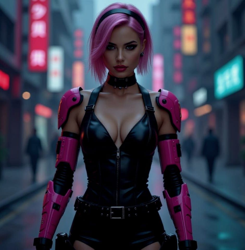 Cyberpunk Woman with Pink Hair in Futuristic City