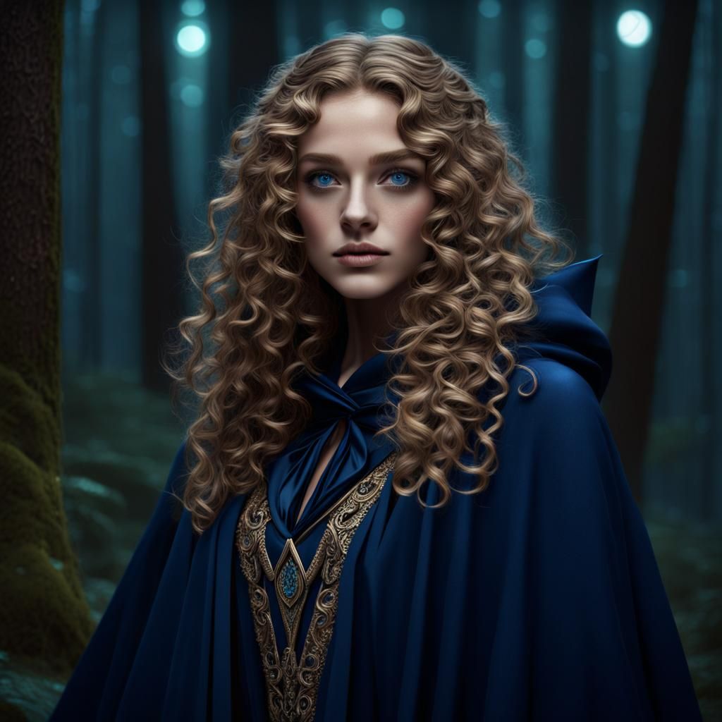 Beautiful Girl in Forest at Night, Fantasy Art