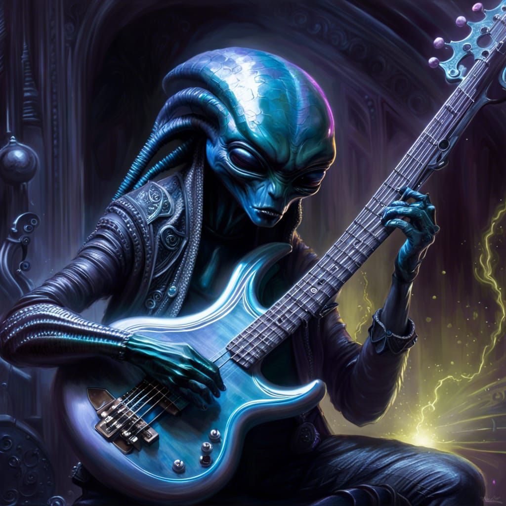 Alien playing bass guitar indica strung. 8k resolution concept art Thomas Kinkade Pino Daeni WLOP monochromatic color gr...