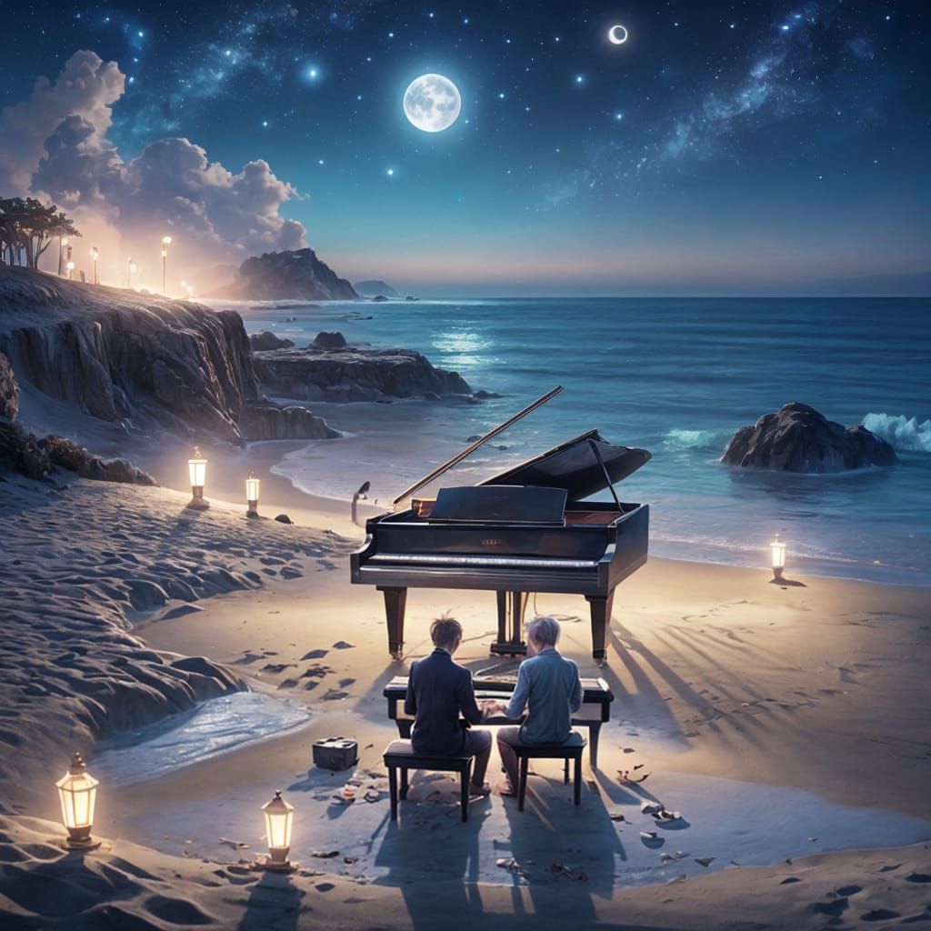 Moonlit Beach Piano Performance in Anime Style