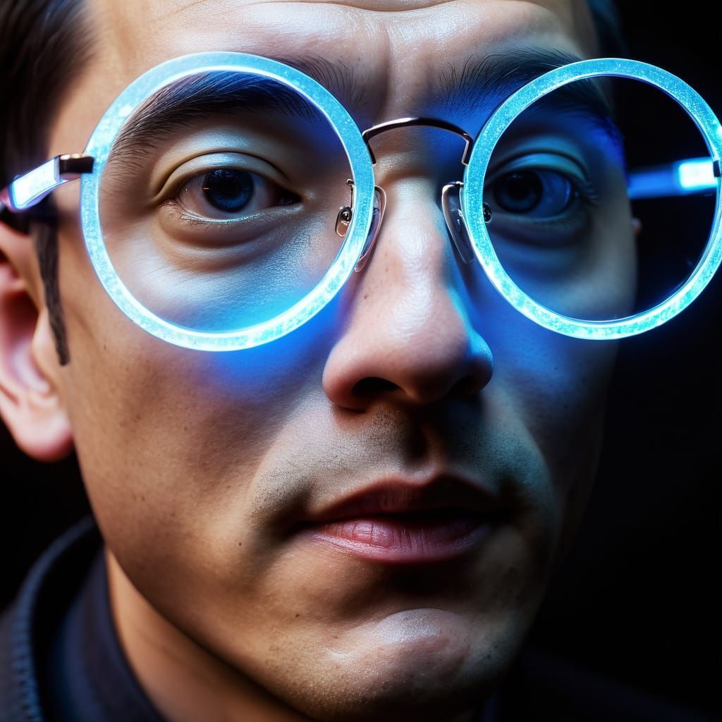 Glowing Round Glasses: A Close-Up Headshot