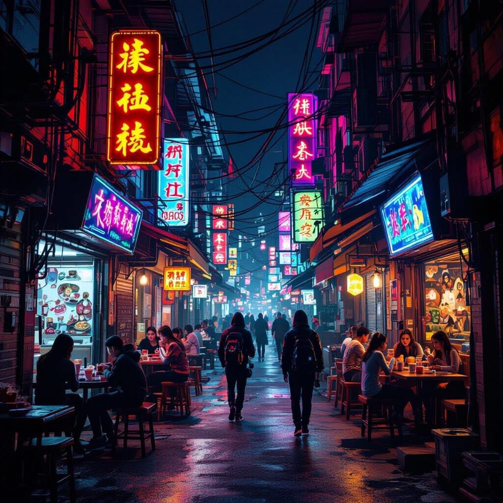 Cyberpunk Alley Night Scene with Neon Signs and Visitors