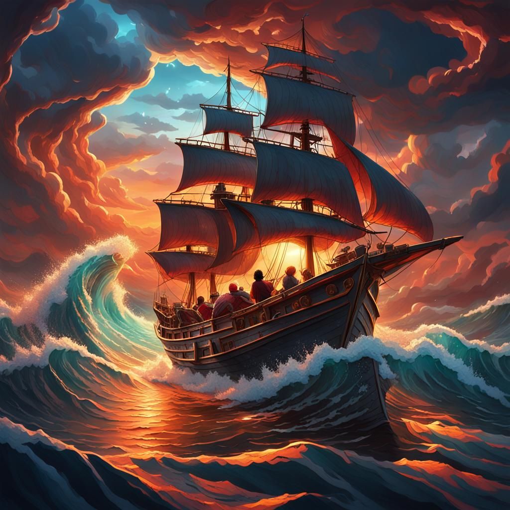 Epic Sunset Storm at Sea in Comic Book Style