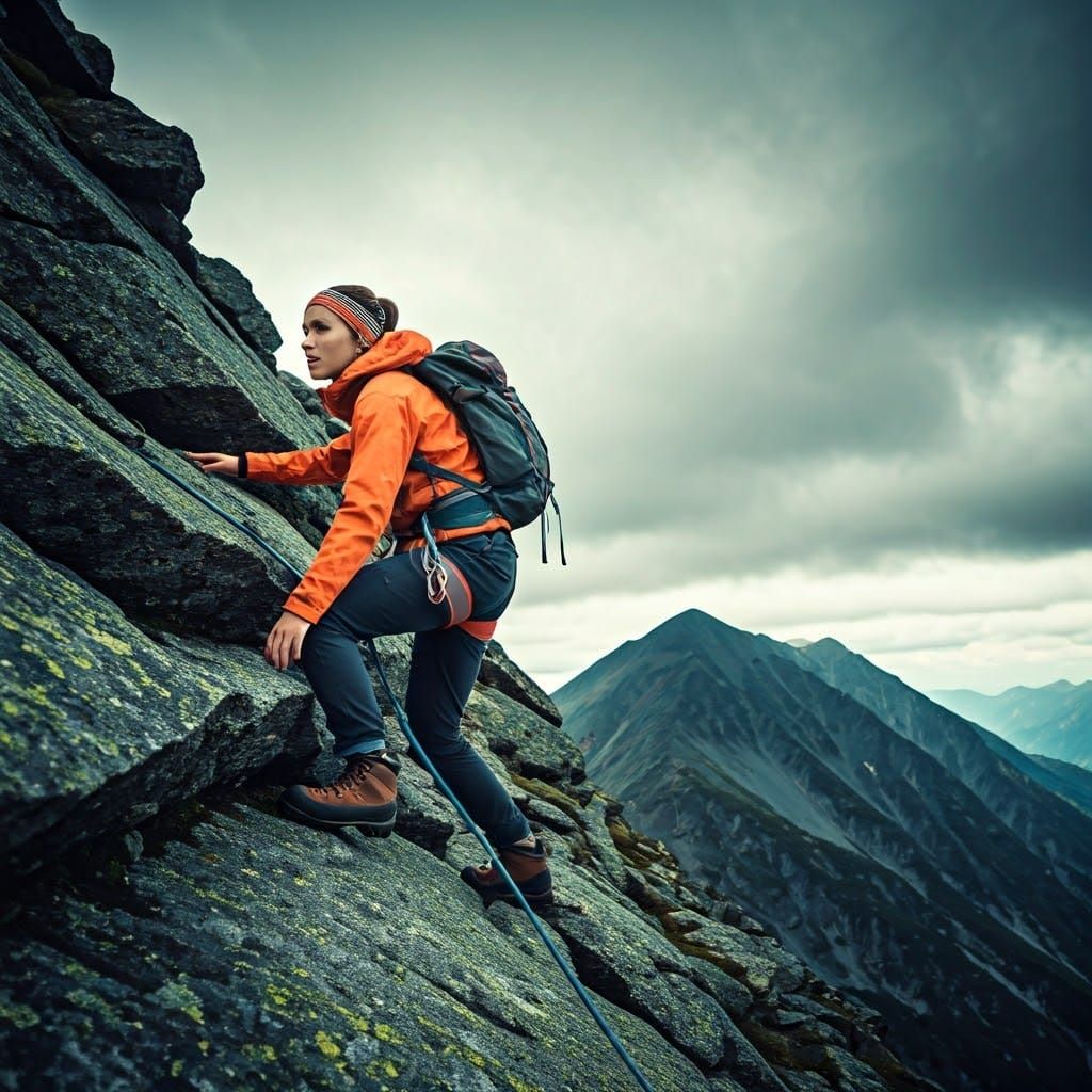Young Woman Ascends Rocky Cliff in Dramatic Mountainscape