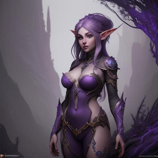 Fantasy Elf with Purple Hair: Detailed Matte Painting