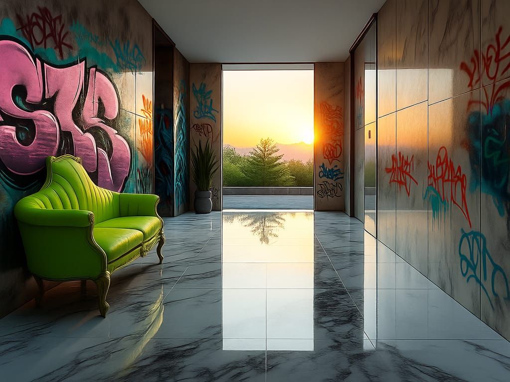 Luxury Hallway with Unexpected Graffiti and Furniture