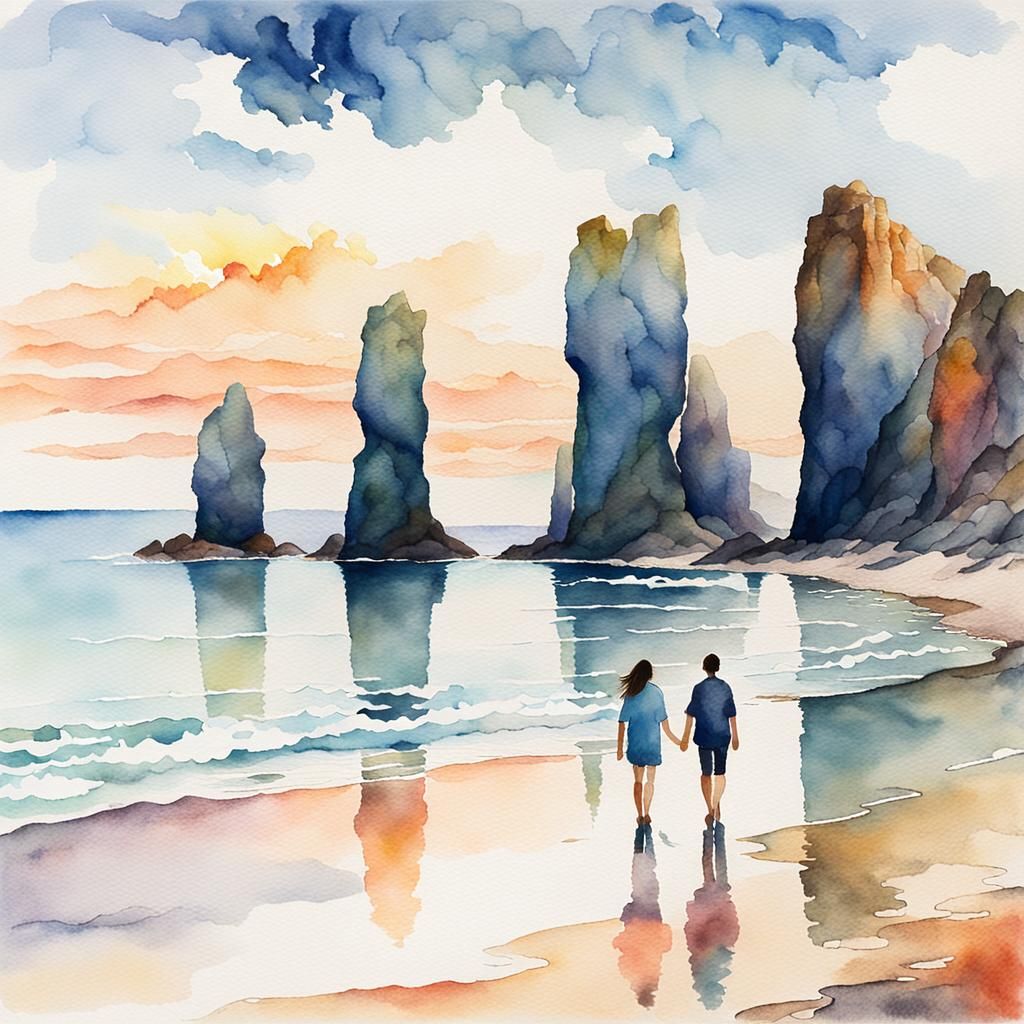 Coastal Landscape Watercolor Painting with Rock Formations