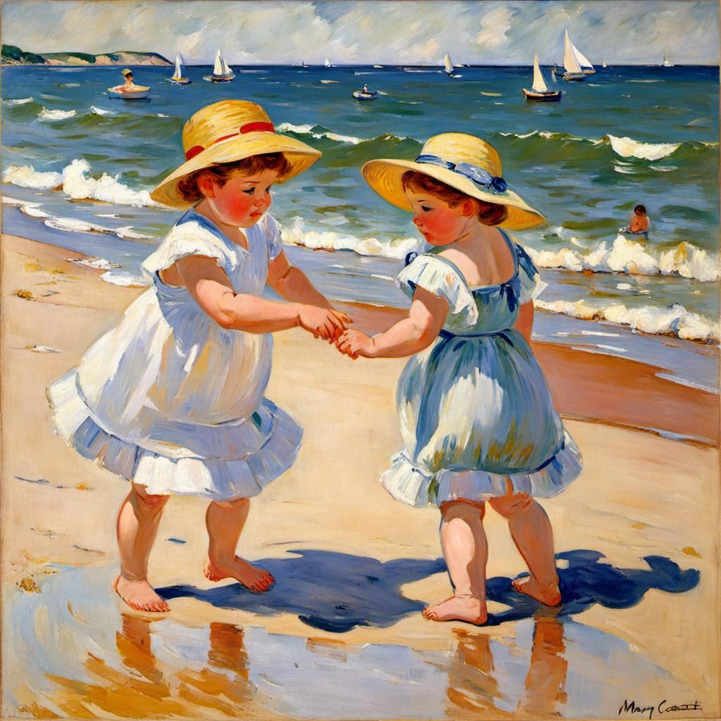 Impressionist Beach Scene with Children Playing