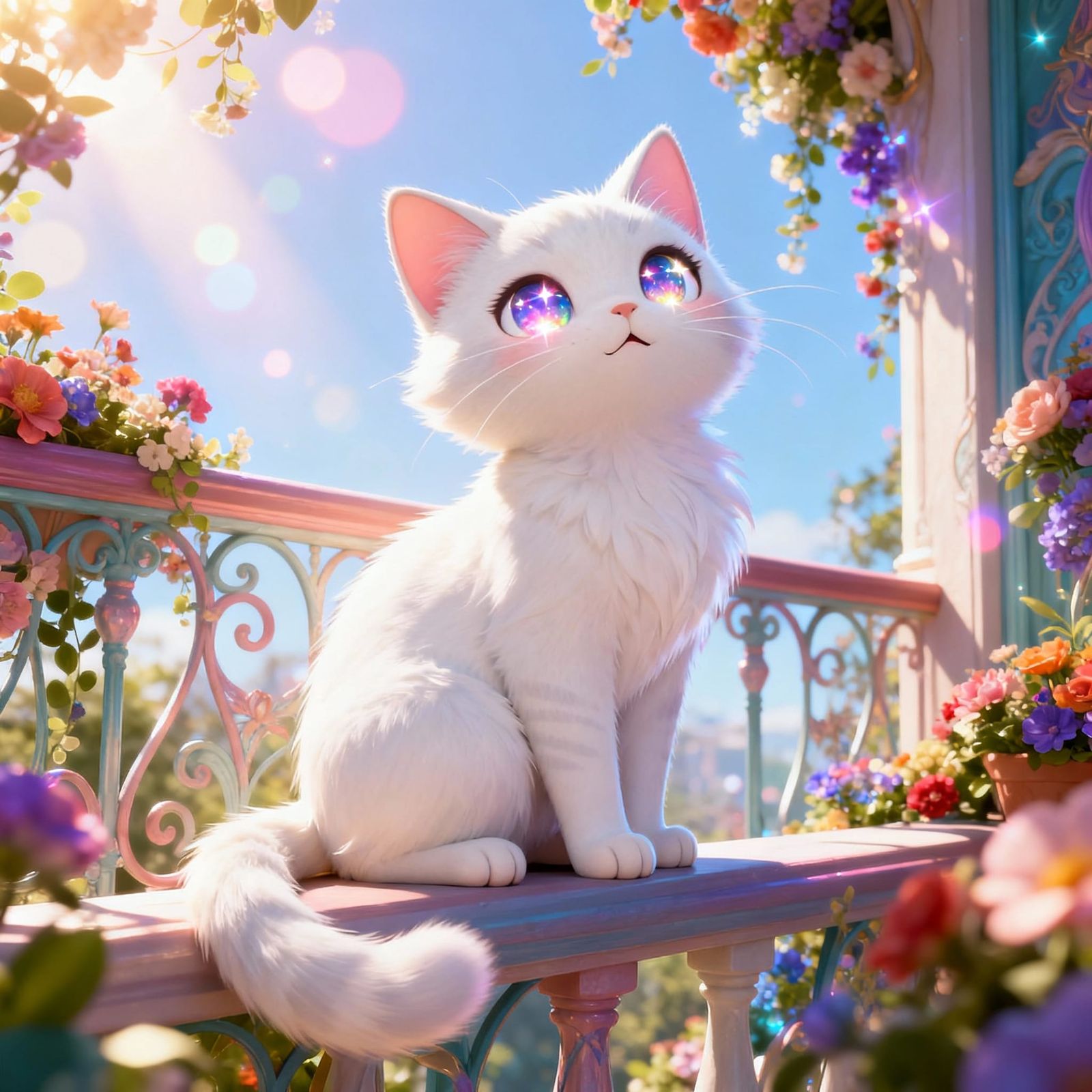 Cute Kawaii Cat on Whimsical Balcony in Anime Style
