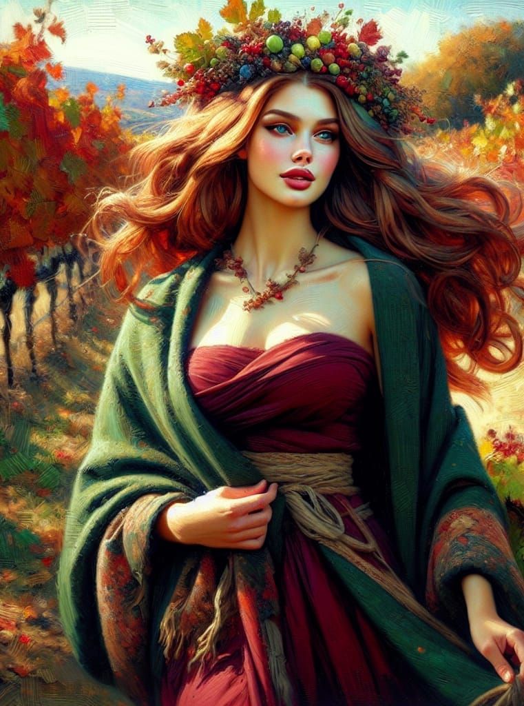 Autumn Goddess in Vineyard: Impasto Painting