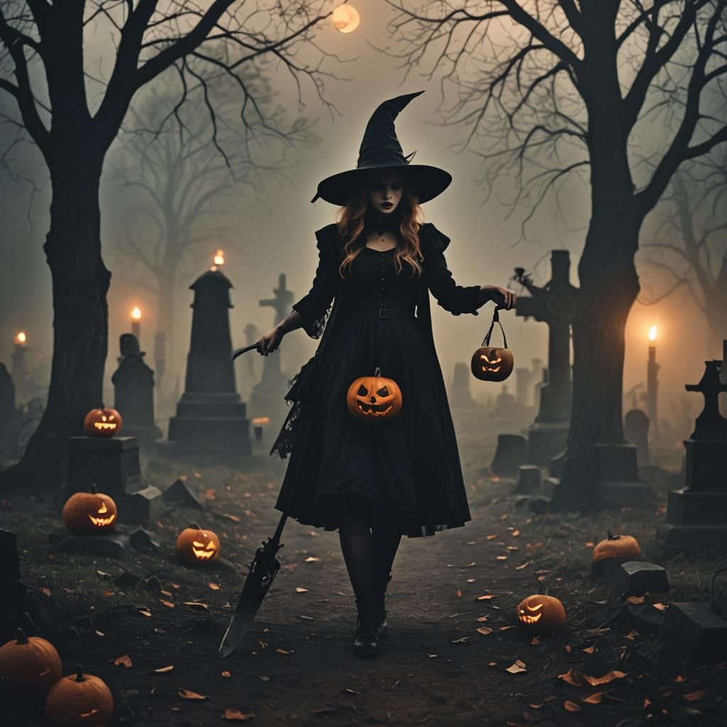 Girl vs Evil Spirit in Halloween Graveyard