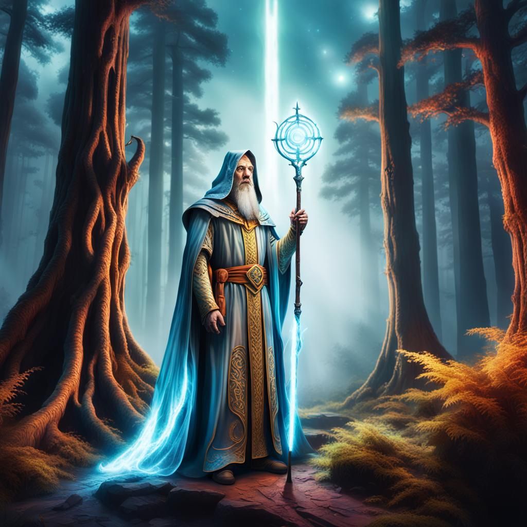 Majestic Wizard in Mystical Forest: Fantasy Concept Art