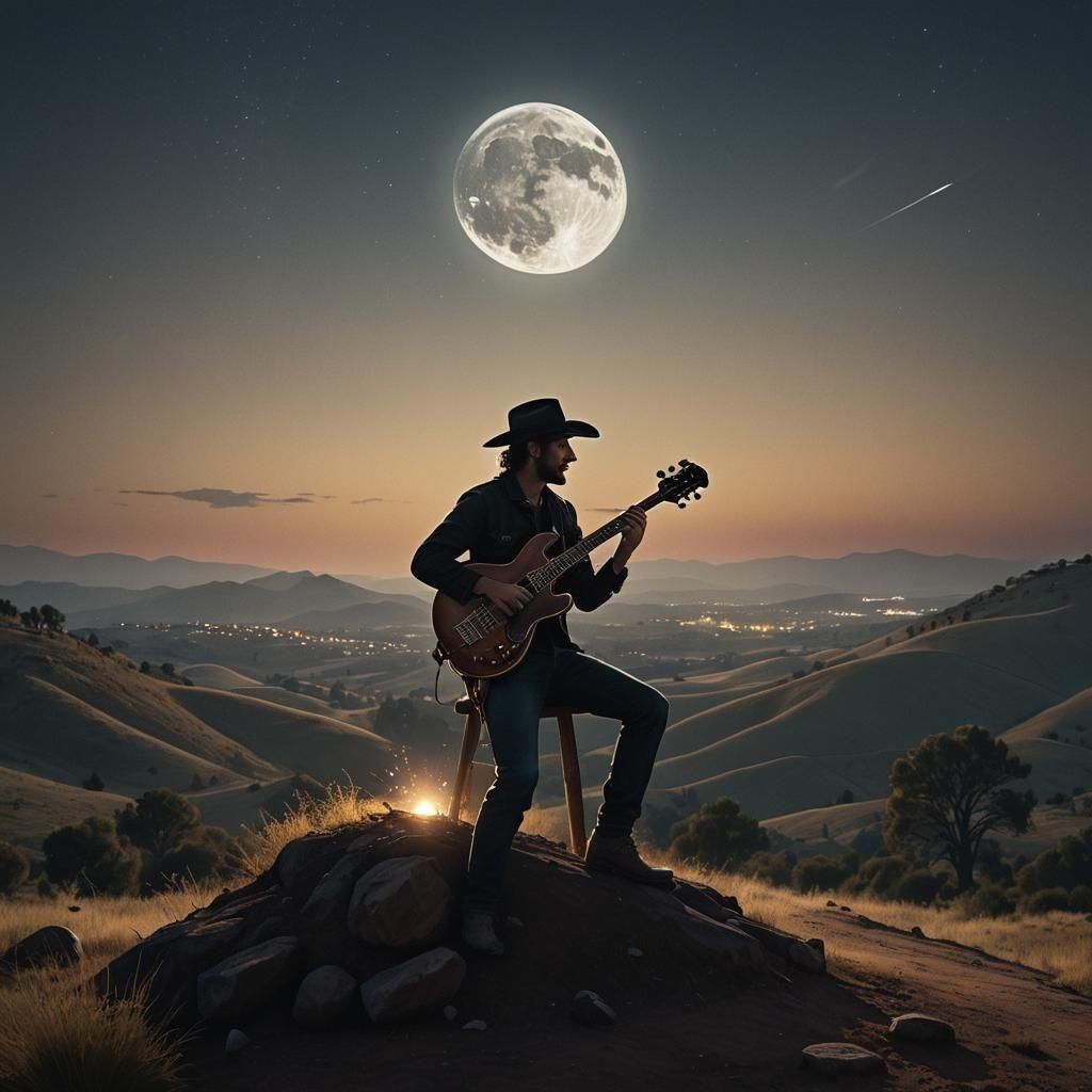 Cowboy Plays Bass Under Full Moon in Digital Art
