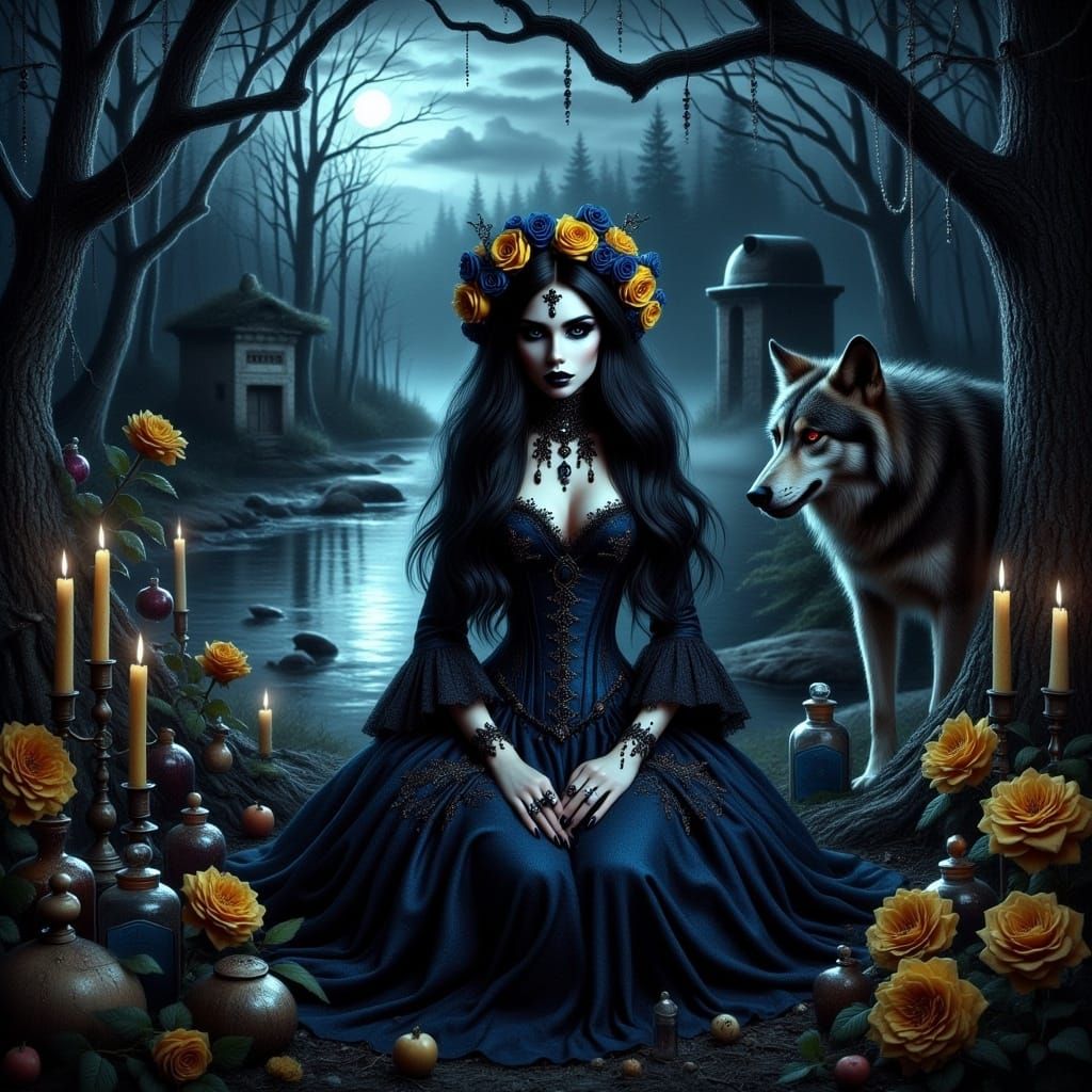 Gothic Witch in Dark Forest