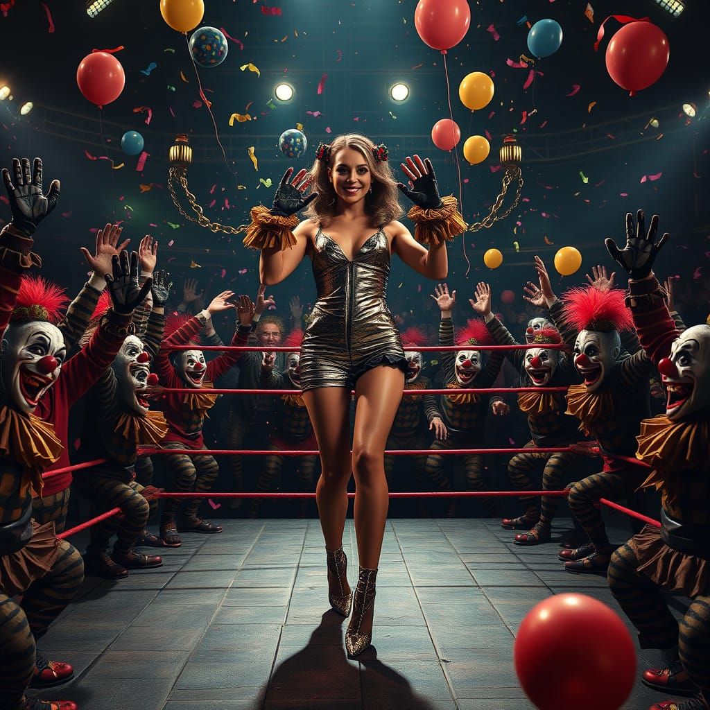 Ring Girl Dominates Clown Chaos in Neon Arena