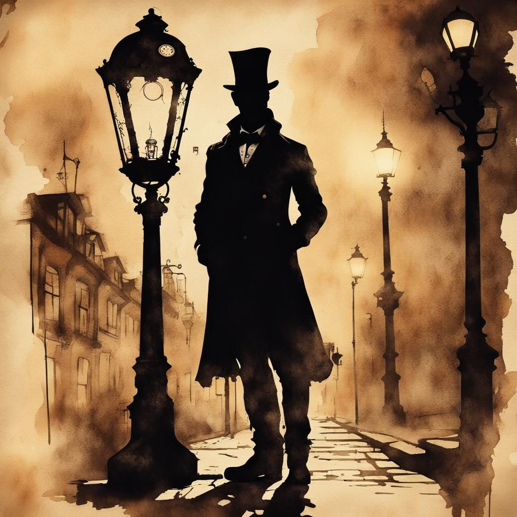 Steampunk Magician Silhouette under Vintage Street Lanterns