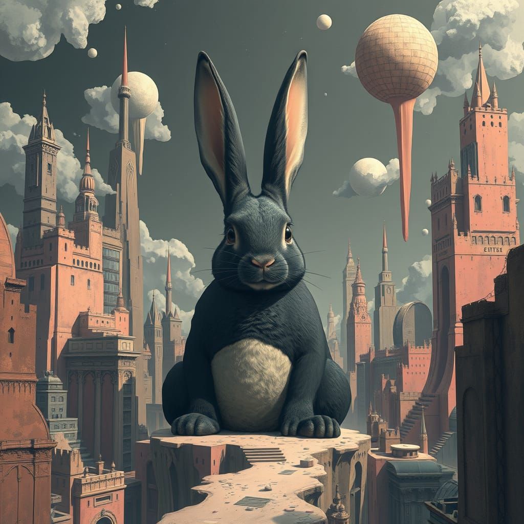 Dreamlike Cityscape with Giant Rabbit in Surreal Style