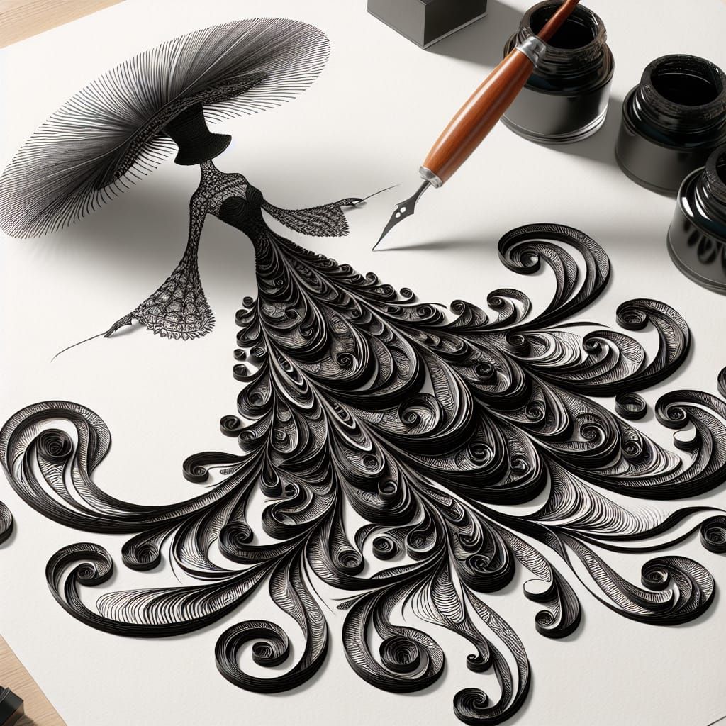 Elegant Calligraphy Woman in Swirling Ink Dress