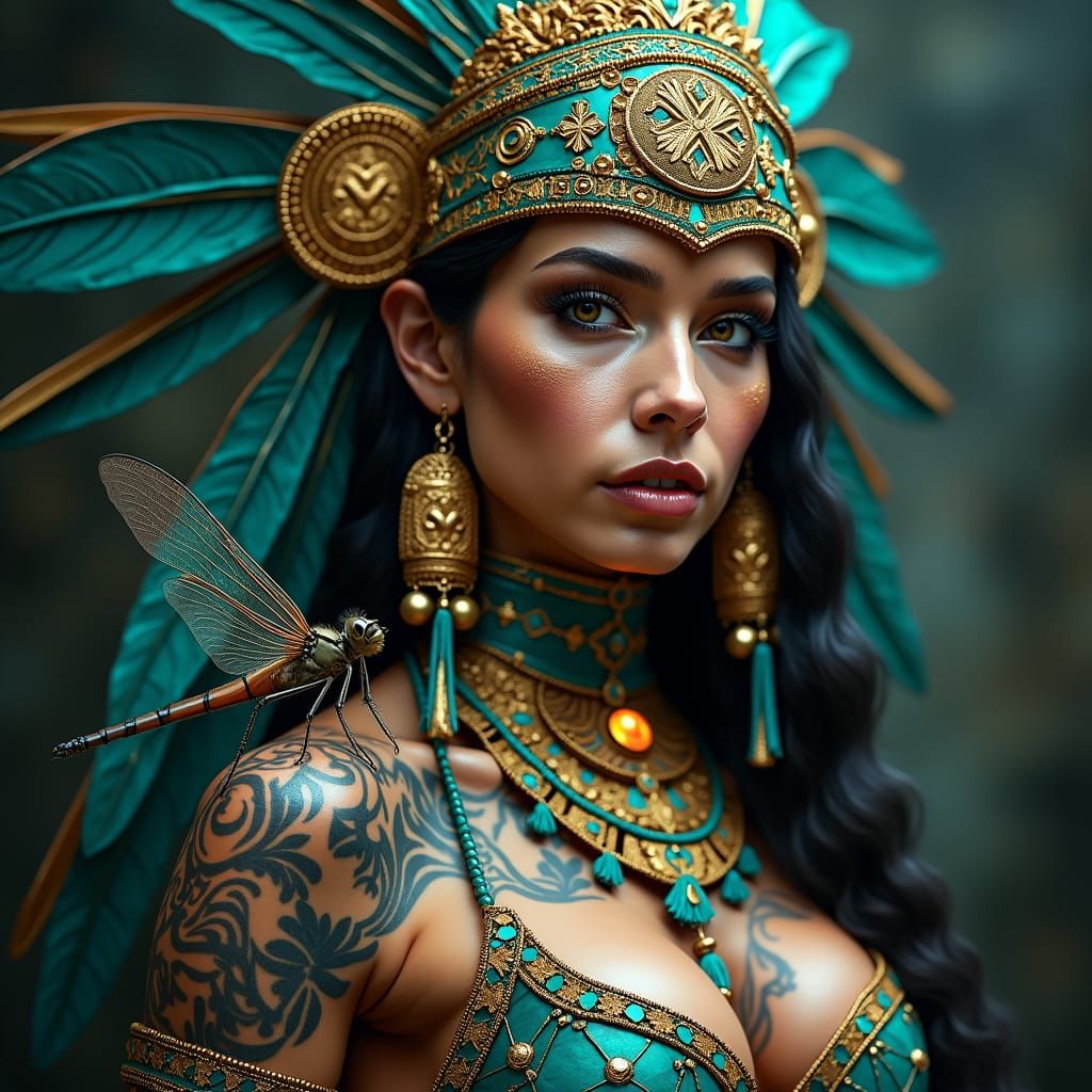 Aztec Warrior Girl with Dragonfly, Fantasy Art