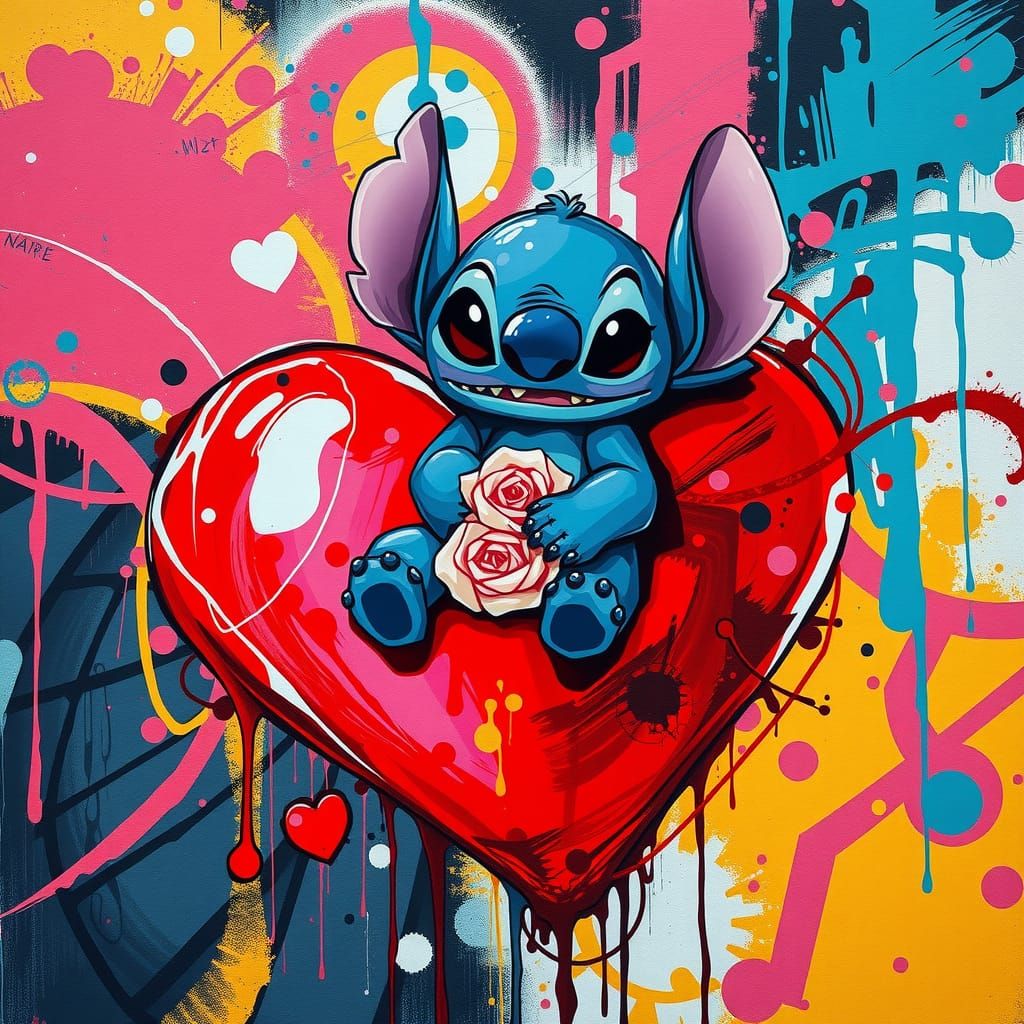 Stitch on Heart with Rose in Graffiti Art