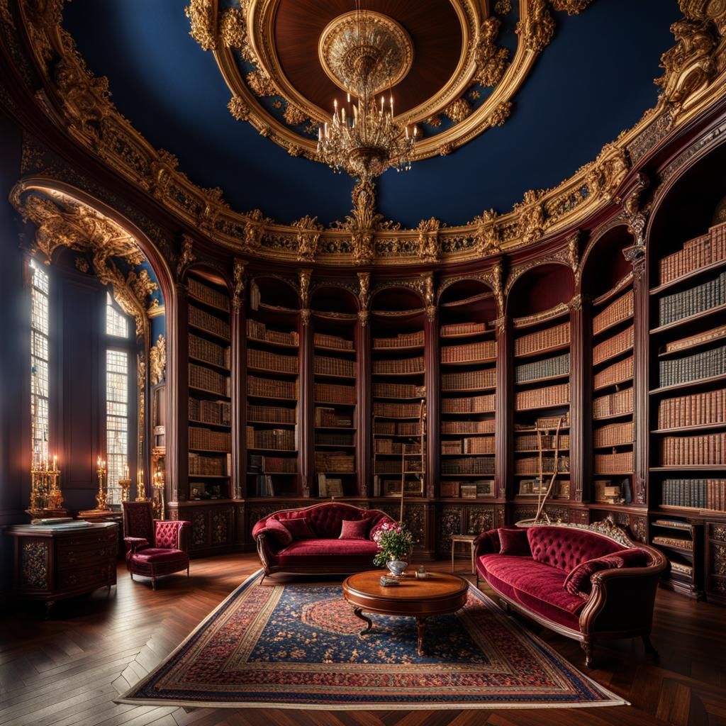 Extravagant Rococo Library Room in Deep Colors
