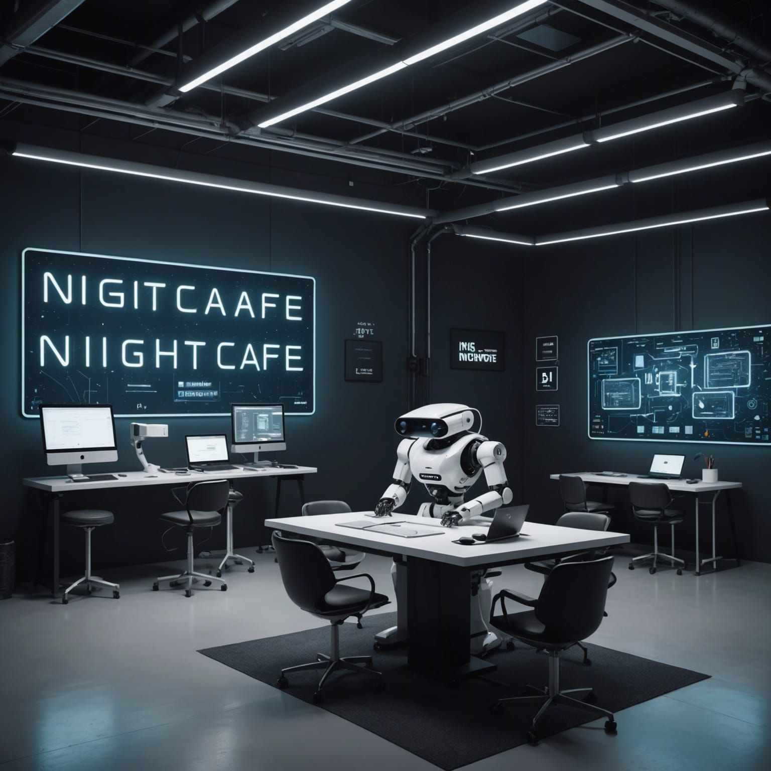 Futuristic AI Art Studio: Robots and the Nightcafe Sign