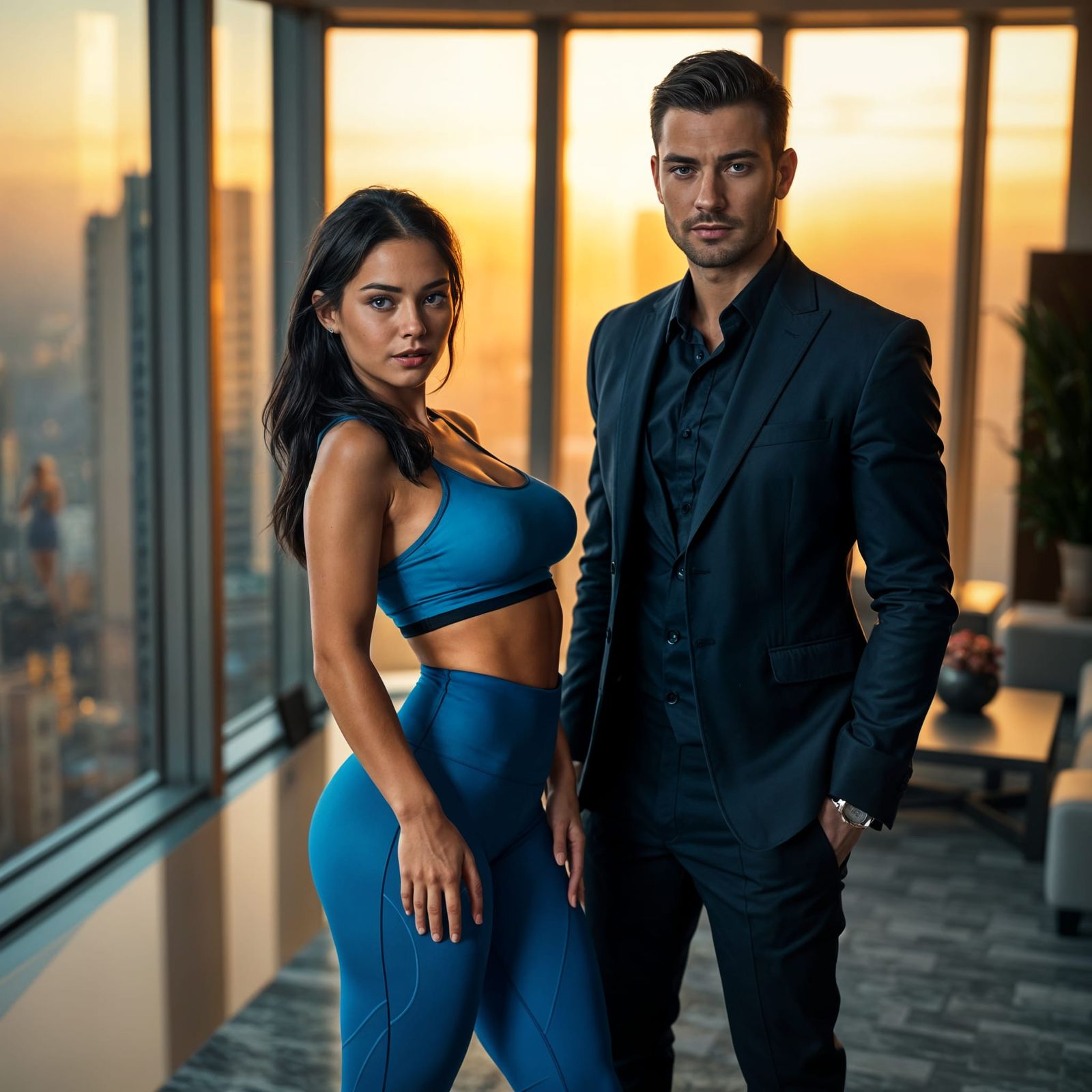 Sporty Woman and Handsome Man in Cityscape View