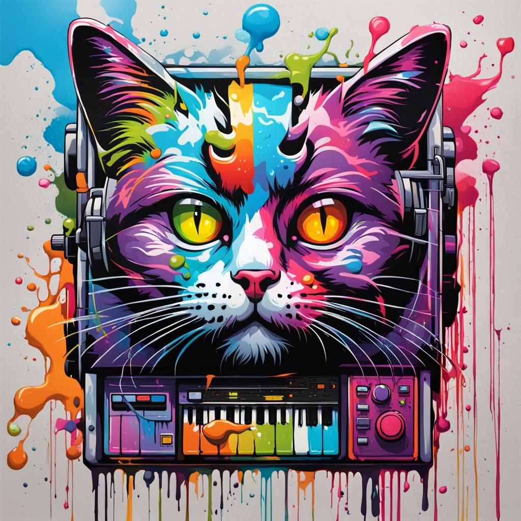 Colorful Graffiti Art Cat with Synthesizer