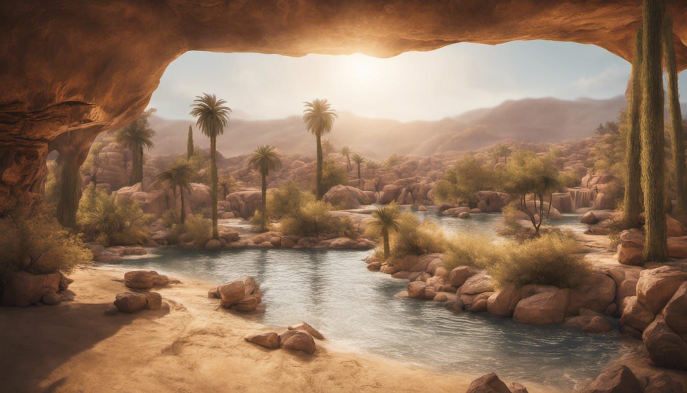 Lush Oasis in Arid Desert, Natural Lighting