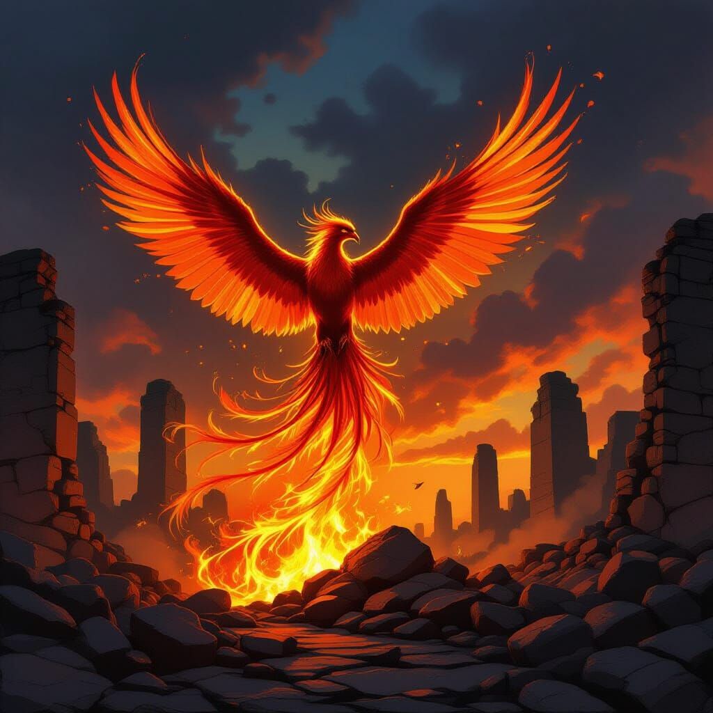 Phoenix Rising from Embers in Fantasy Art Style