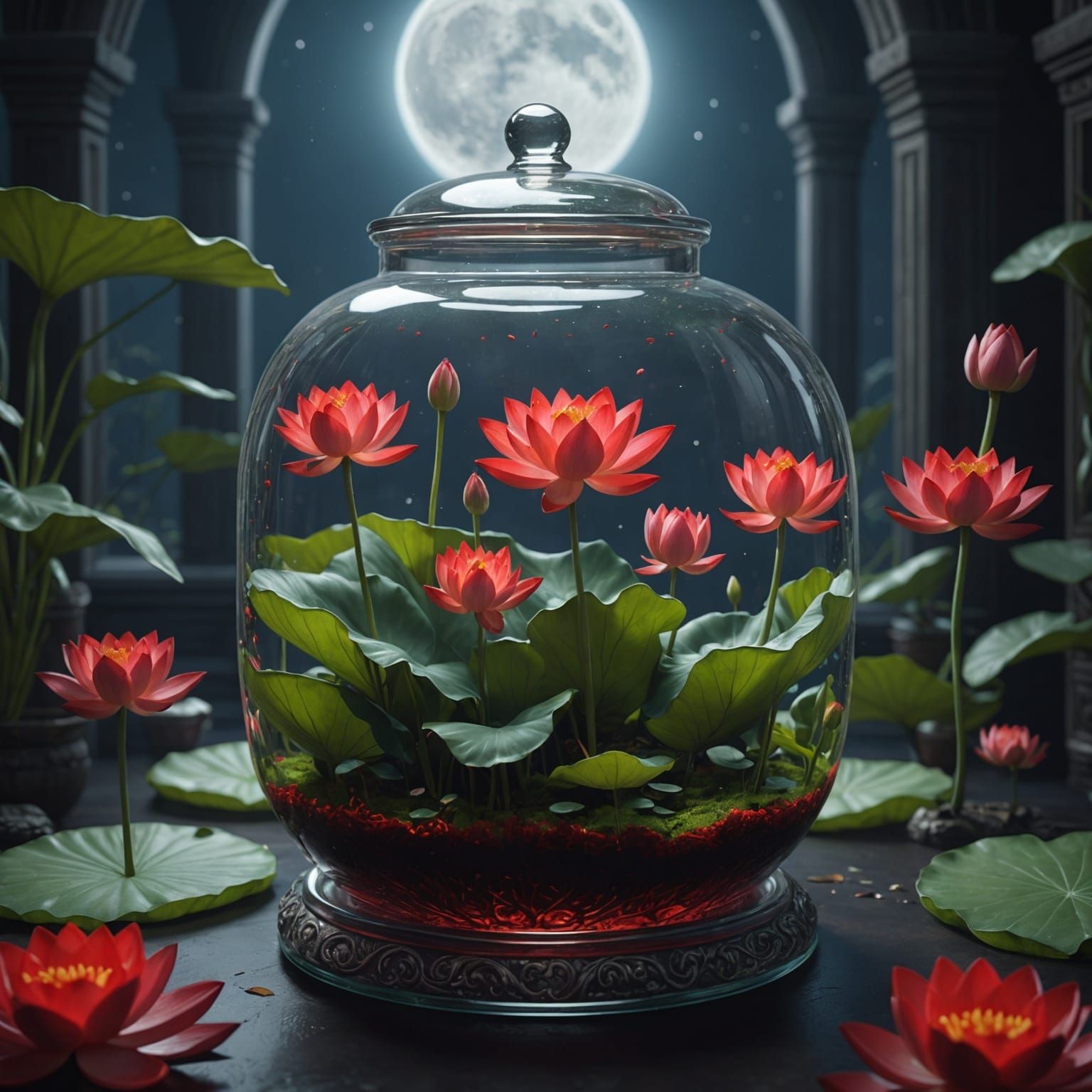 A MINI MOON THOUSAND RED  LOTUS PLANT PLANTED IN A TRANSPERE...