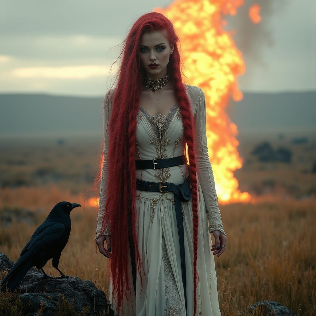Full-Figured Brunhilde with Red Braids in Icelandic Sunrise