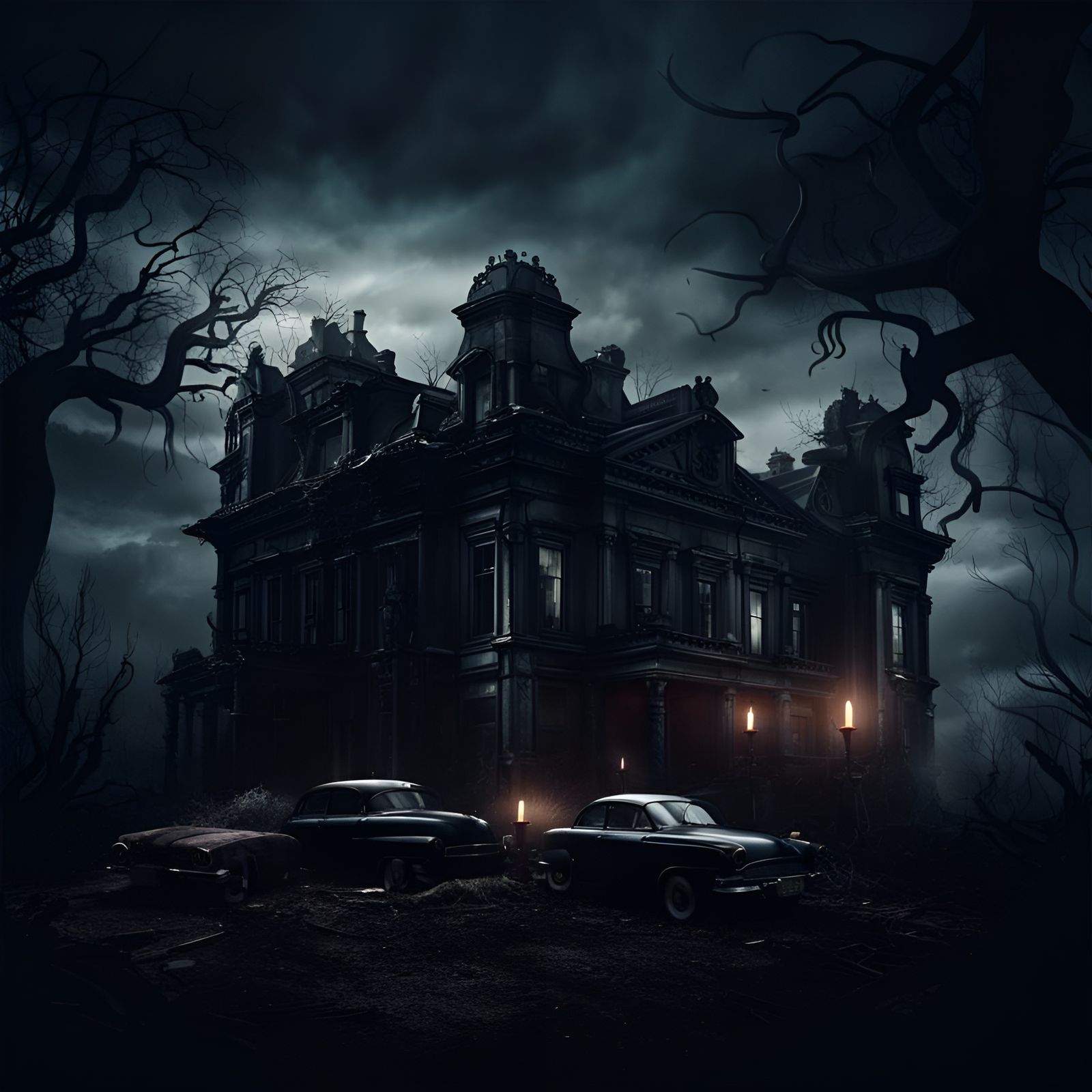 Dark Abandoned Mansion with Twisted Trees: Fantasy Art