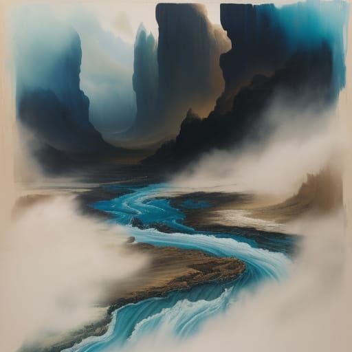 Gouache River of Time Painting with Ethereal Light