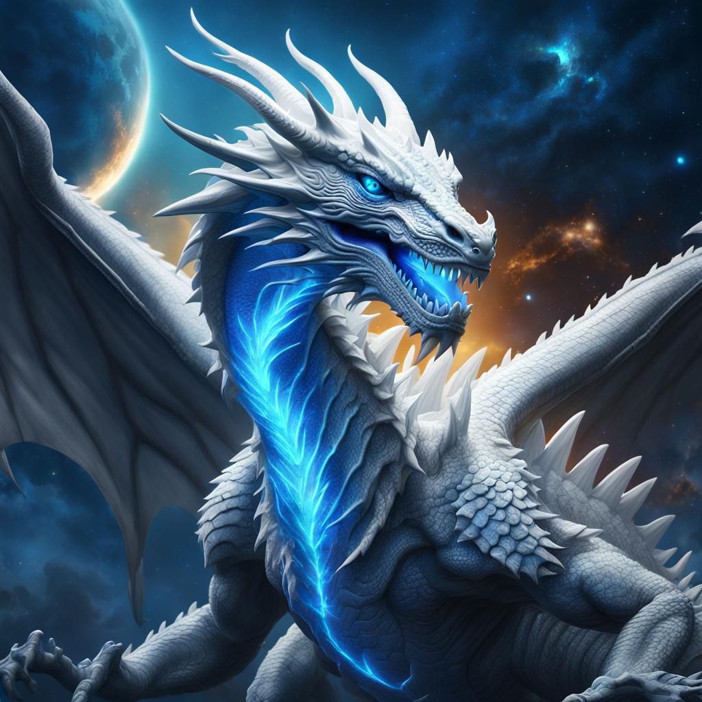 White Dragon with Glowing Blue Eyes in Galaxy