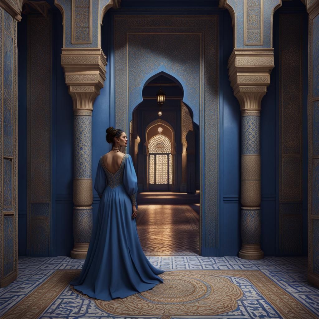 Blue Silk Gown in Moroccan Palace: Fantasy Art