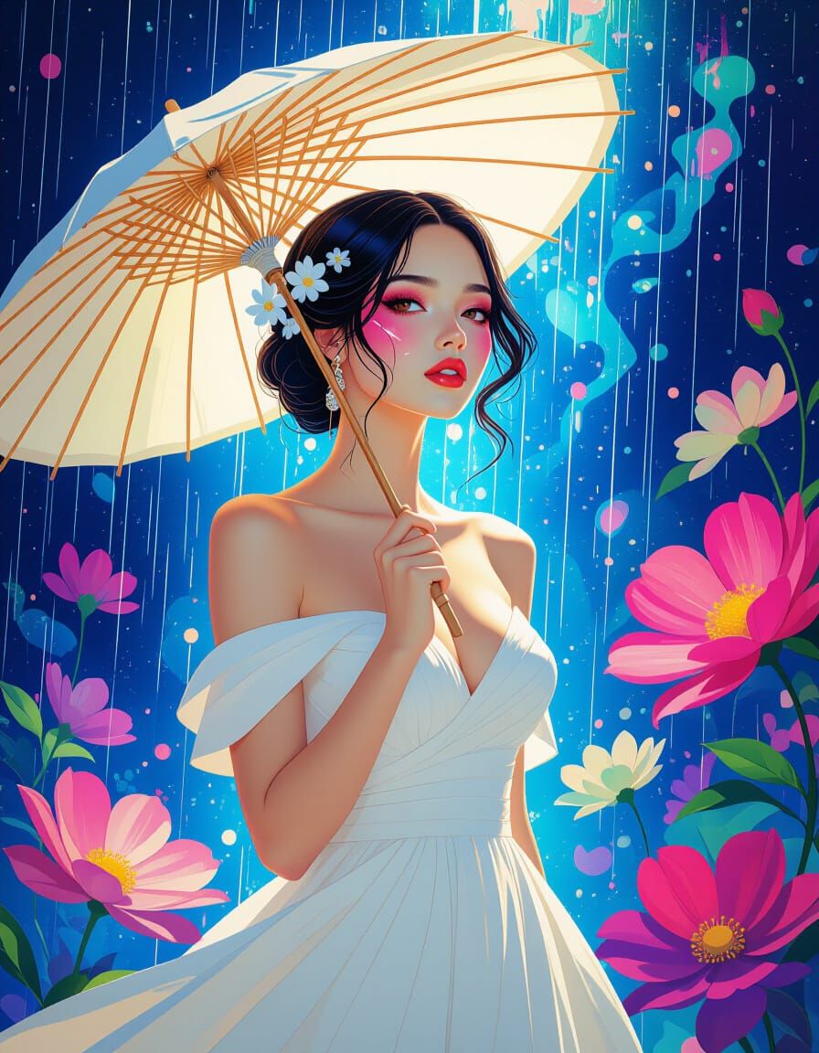 Surreal Woman with Parasol in Psychedelic Dreamscape