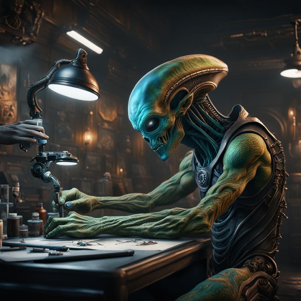 Alien Tattoo: Detailed Matte Painting in Deep Color