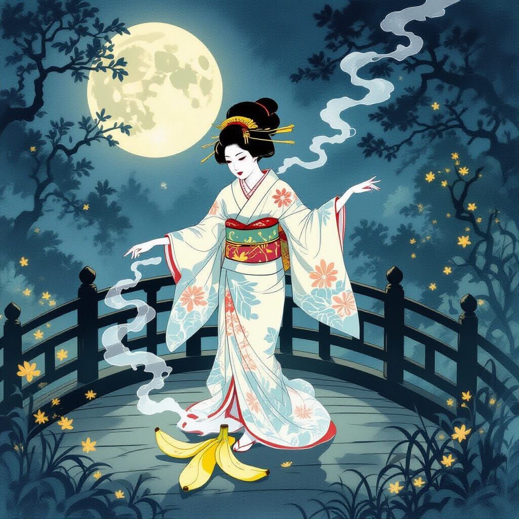 Ghostly Geisha's Banana Peel Mishap in Enchanted Forest