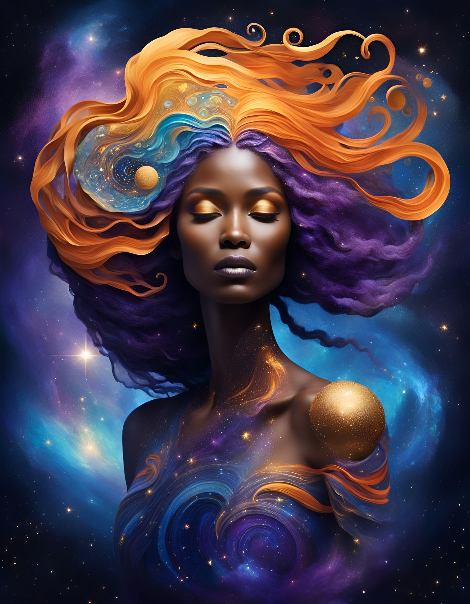 Serene Cosmic Entity with Galaxy Hair