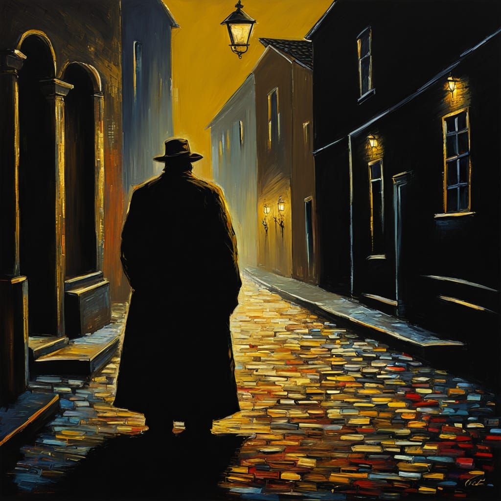 Mysterious Figure in Dark Alley, Neo-Impressionist Oil Paint...