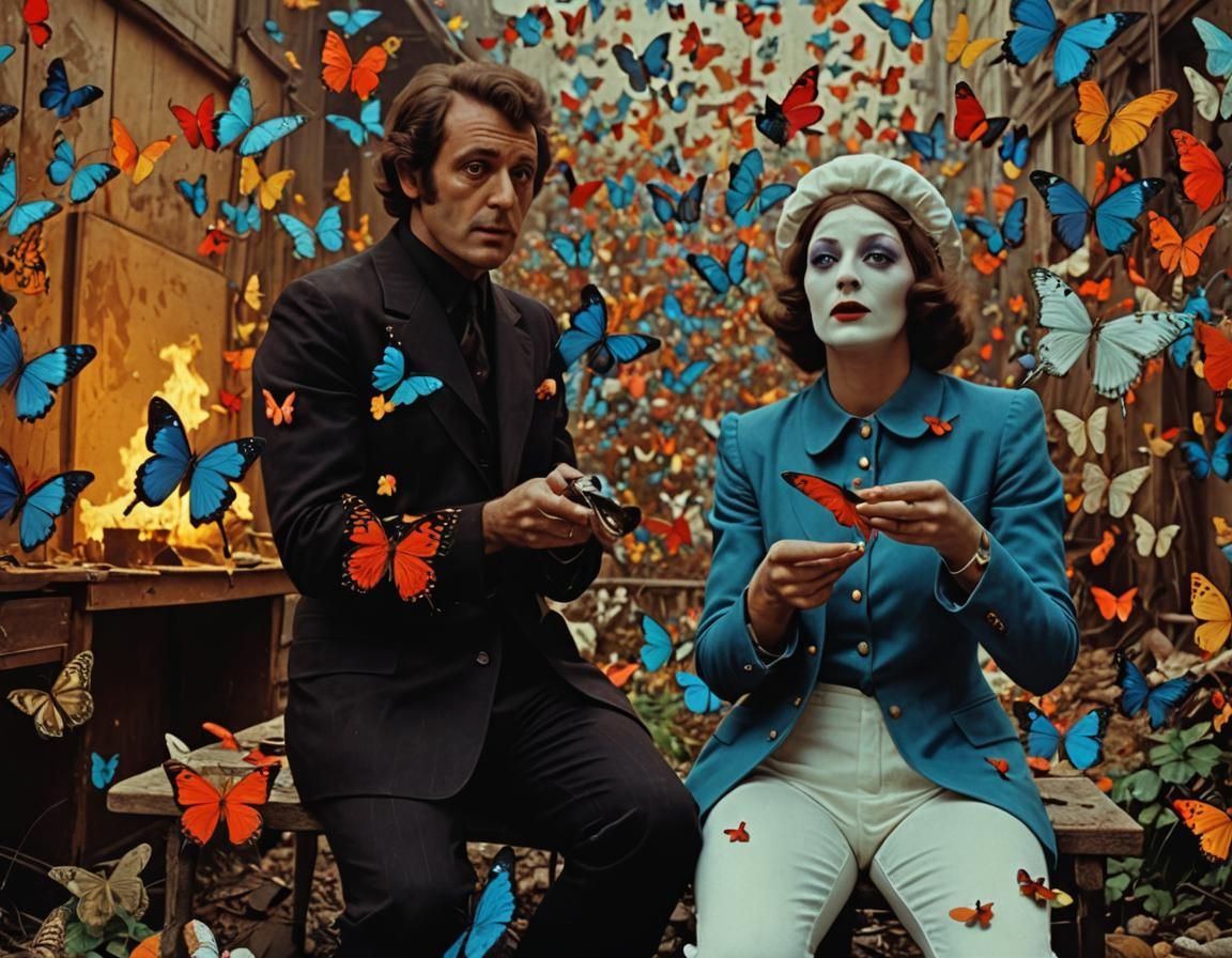 Psychedelic Surreal Mime Art in 1970s Film Still