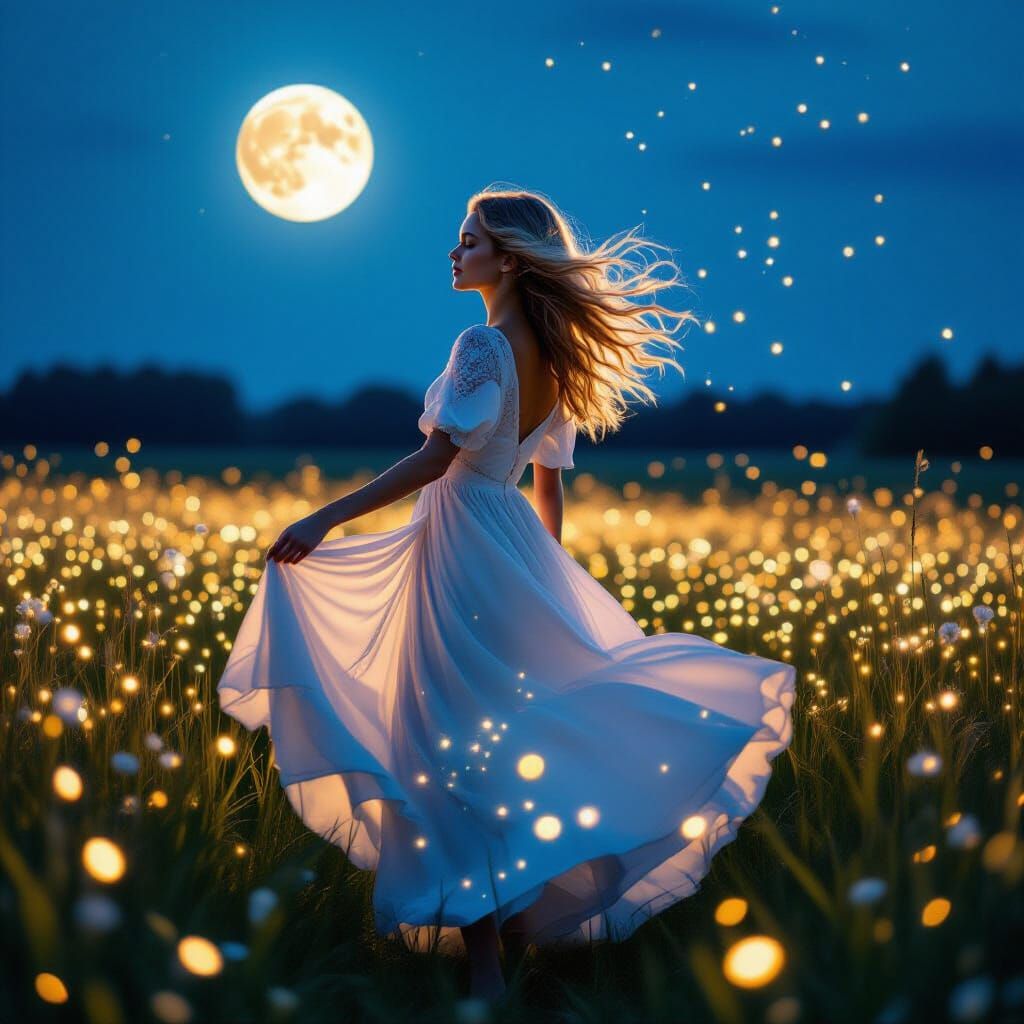 Girl Dancing Under Moonlit Sky With Glowing Flowers