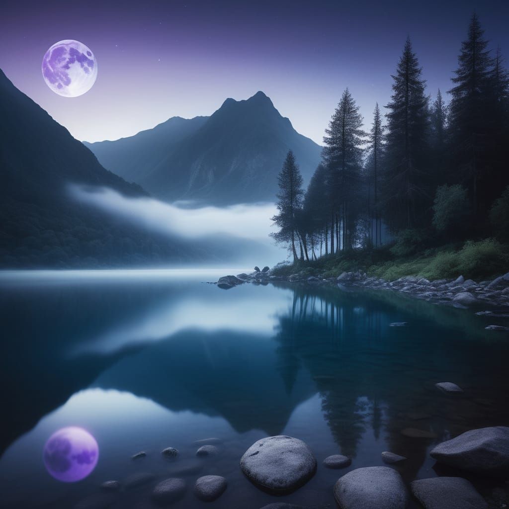 Moonlit Mountain Lake in Soft Focus
