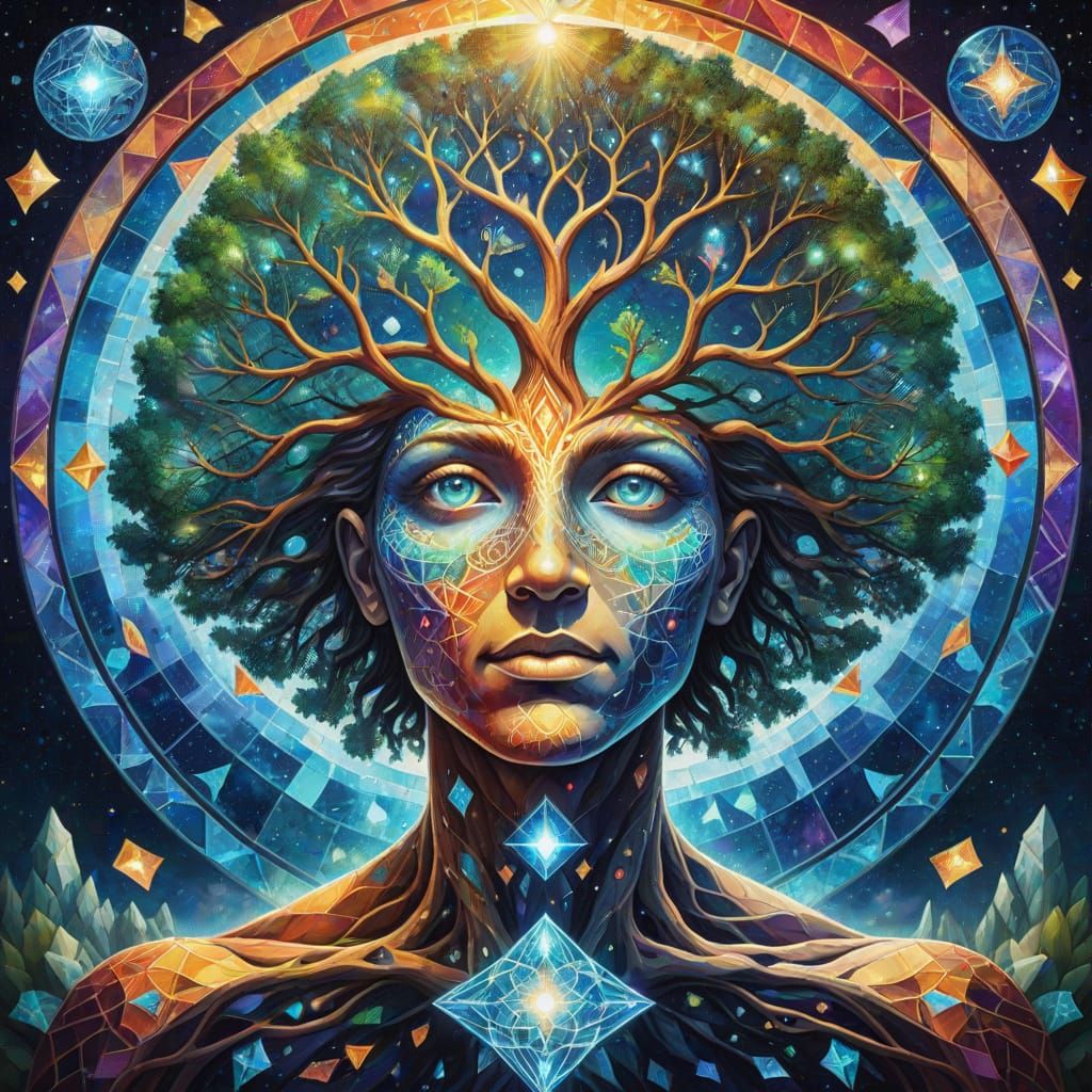 Cosmic Tree of Life in Vibrant, Glowing Stained Glass Mosaic...